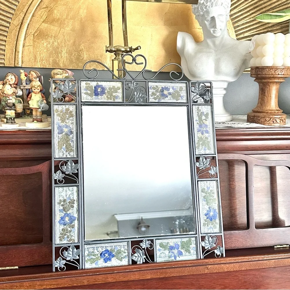 Vintage Silver and Blue Floral Wall Mirror